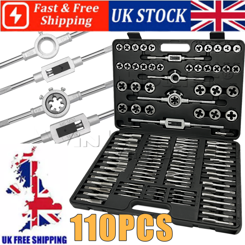 110Pc Tap & Die Set Professional Metric Size M2-M18 Bearing Steel Tool 885363862300