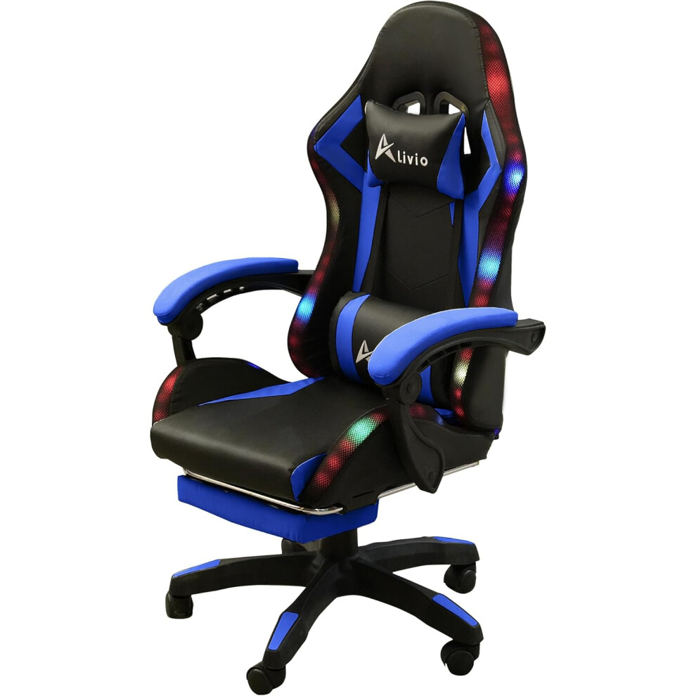 (Blue) 360 Degree Swivel LED Gaming Chair with Footrest