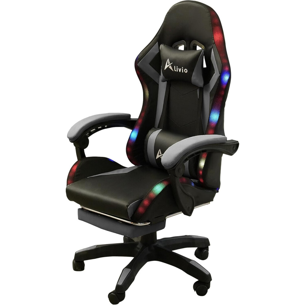 (Grey) 360 Degree Swivel LED Gaming Chair with Footrest