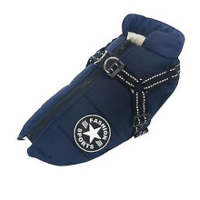 (Blue, XL) Large Pet Dog Jacket With Harness Winter Warm Dog Clothes Waterproof