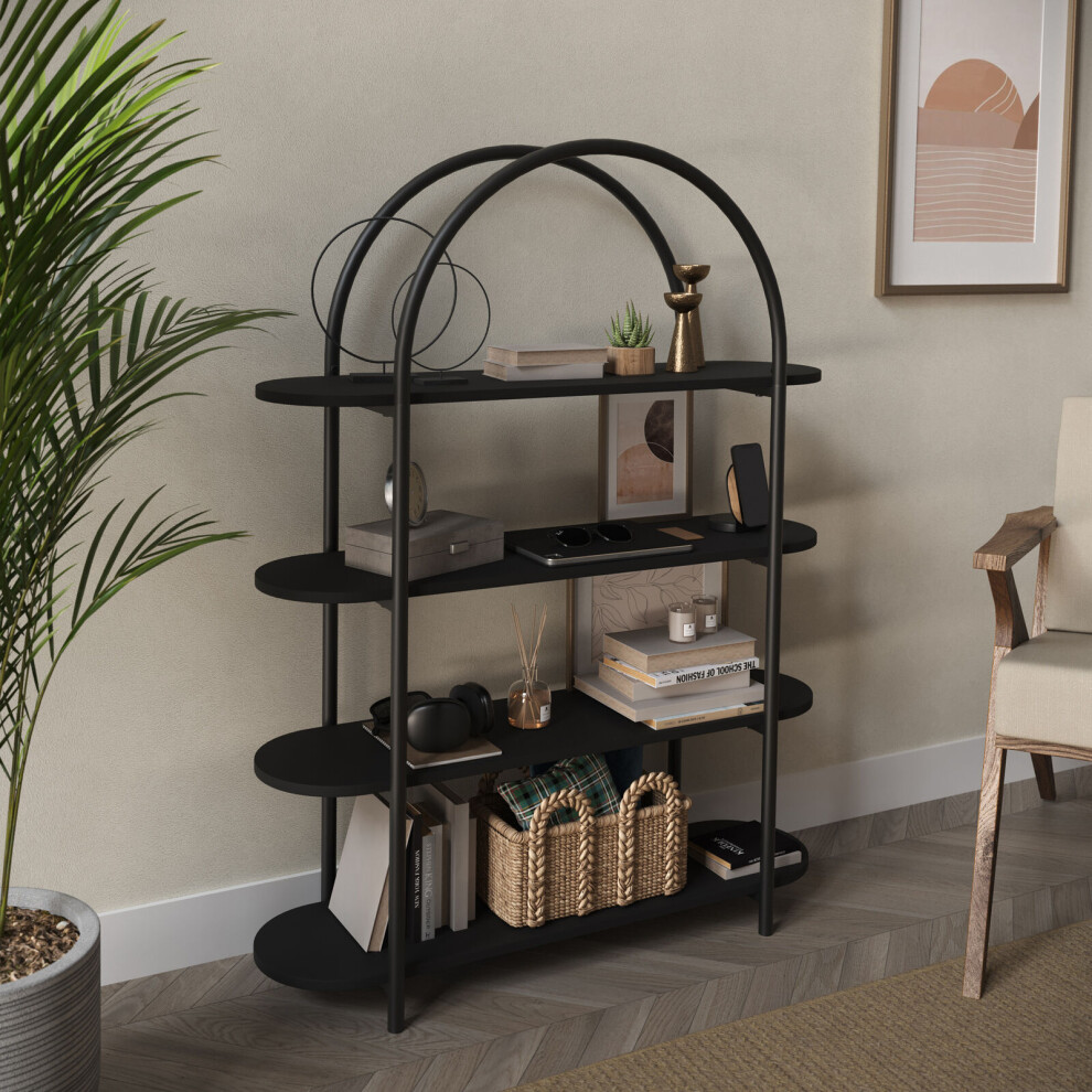 (Black) 4 Tier Wooden Shelving Arched Industrial Storage Bookcase Shelves