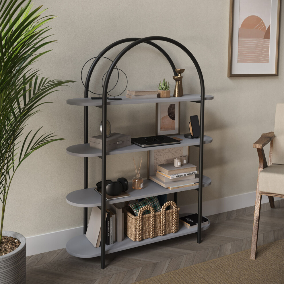 (Grey) 4 Tier Wooden Shelving Arched Industrial Storage Bookcase Shelves