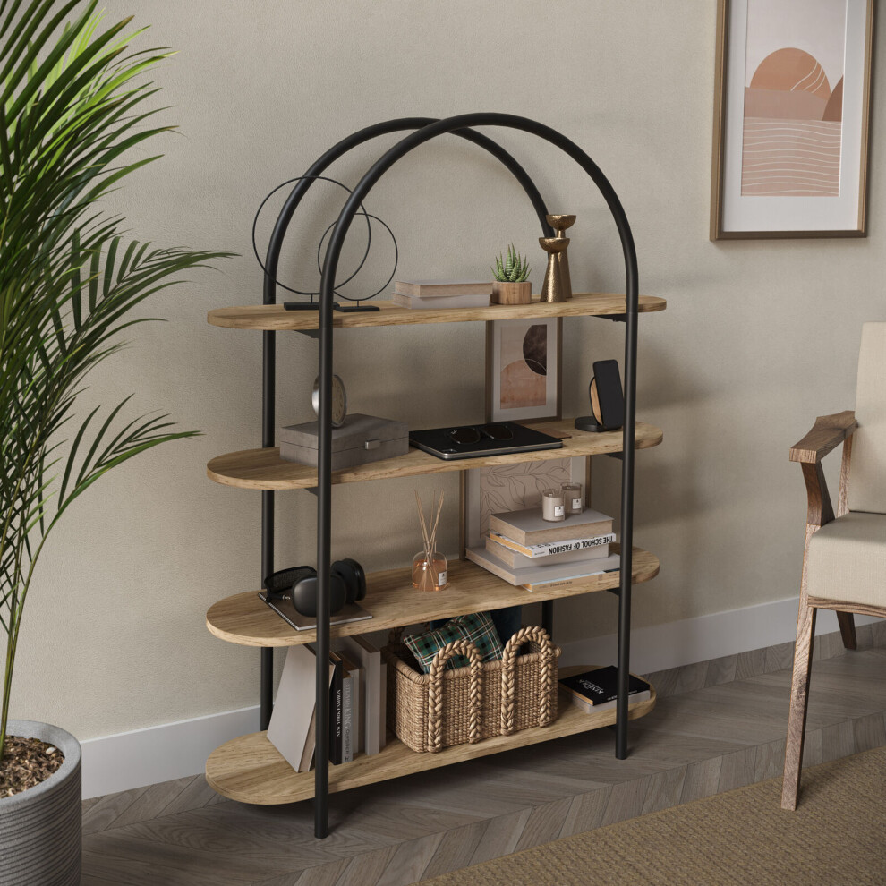 (Oak) 4 Tier Wooden Shelving Arched Industrial Storage Bookcase Shelves