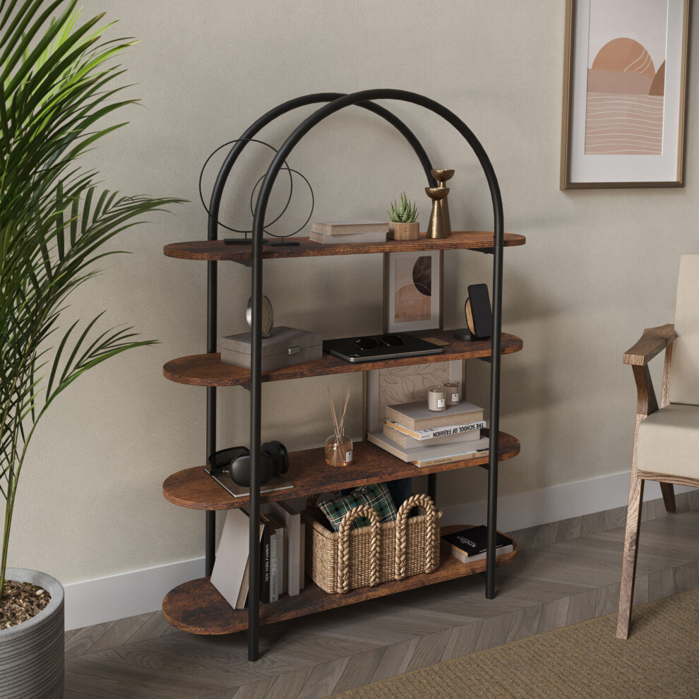 (Rustic Brown) 4 Tier Wooden Shelving Arched Industrial Storage Bookcase Shelves