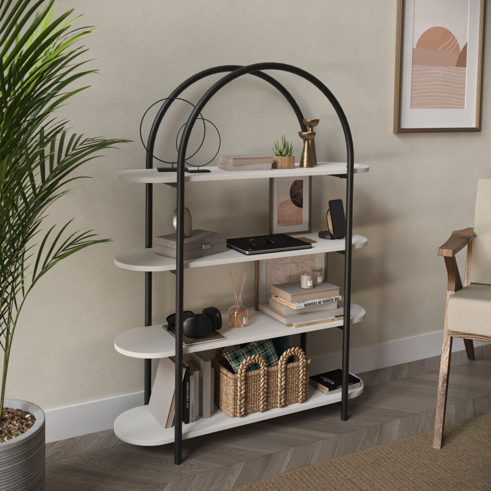 (White) 4 Tier Wooden Shelving Arched Industrial Storage Bookcase Shelves