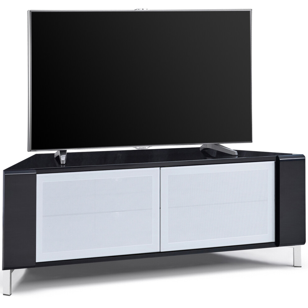 MDA Designs CORVUS Corner-Friendly Black Contemporary Cabinet With White BeamThru Glass Doors For Flat Screen TVs Up To 50"