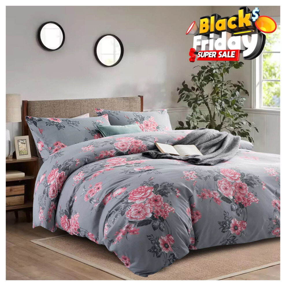 (Super King) Grey Duvet Cover Set Reversible Printed Bedding