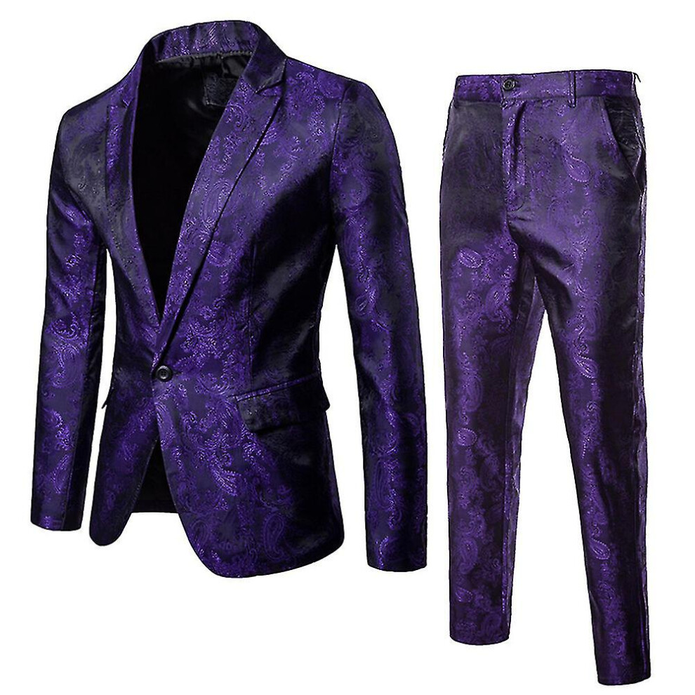 (Purple, XL) Fashion Men's Lapel Cashew Flower Printed One Button Two-piece Suit-image-OPC-PFMCJKJ-NEW