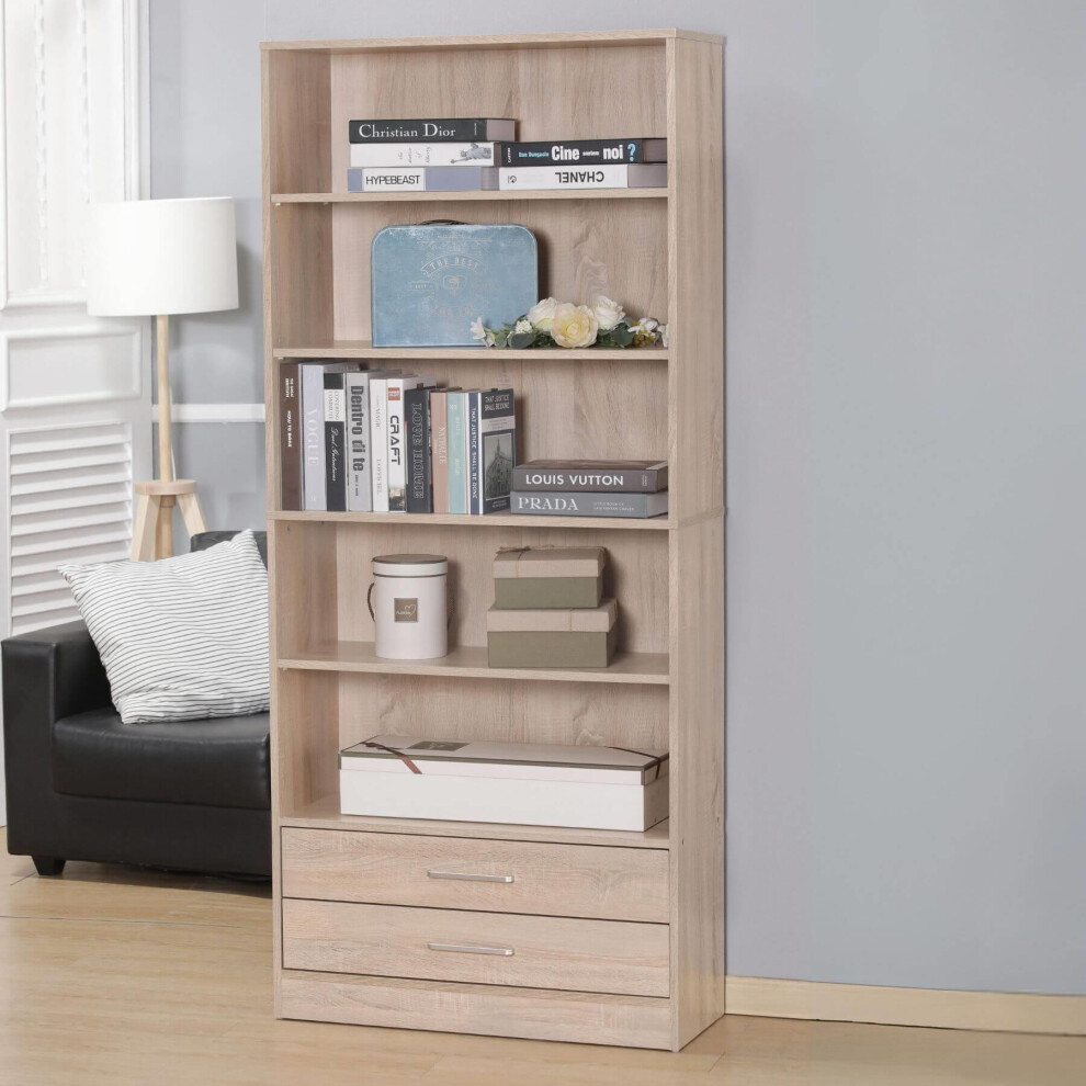 (Oak - 2 Drawer) Bookcase Display Shelf Freestanding