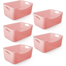 (Pink) KEPLIN 5 Pack Plastic Studio Storage Basket, Portable Container Boxes with Handles for Storage , Shelfs, Drawers, Kitchen & Cupboards