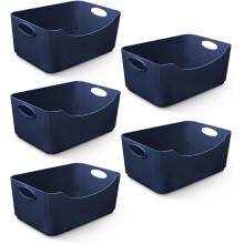 (Navy) KEPLIN 5 Pack Plastic Studio Storage Basket, Portable Container Boxes with Handles for Storage , Shelfs, Drawers, Kitchen & Cupboards