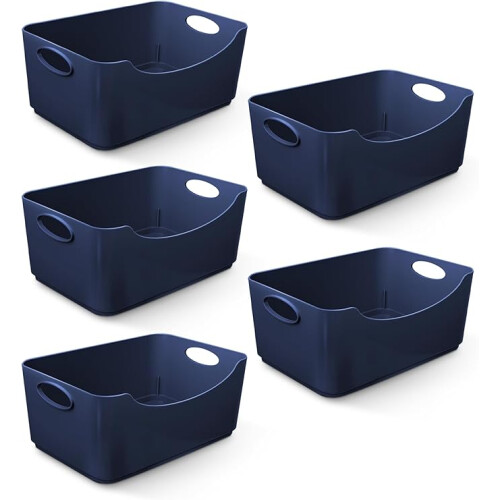 (Navy) KEPLIN 5 Pack Plastic Studio Storage Basket, Portable Container Boxes with Handles for Storage , Shelfs, Drawers, Kitchen & Cupboards
