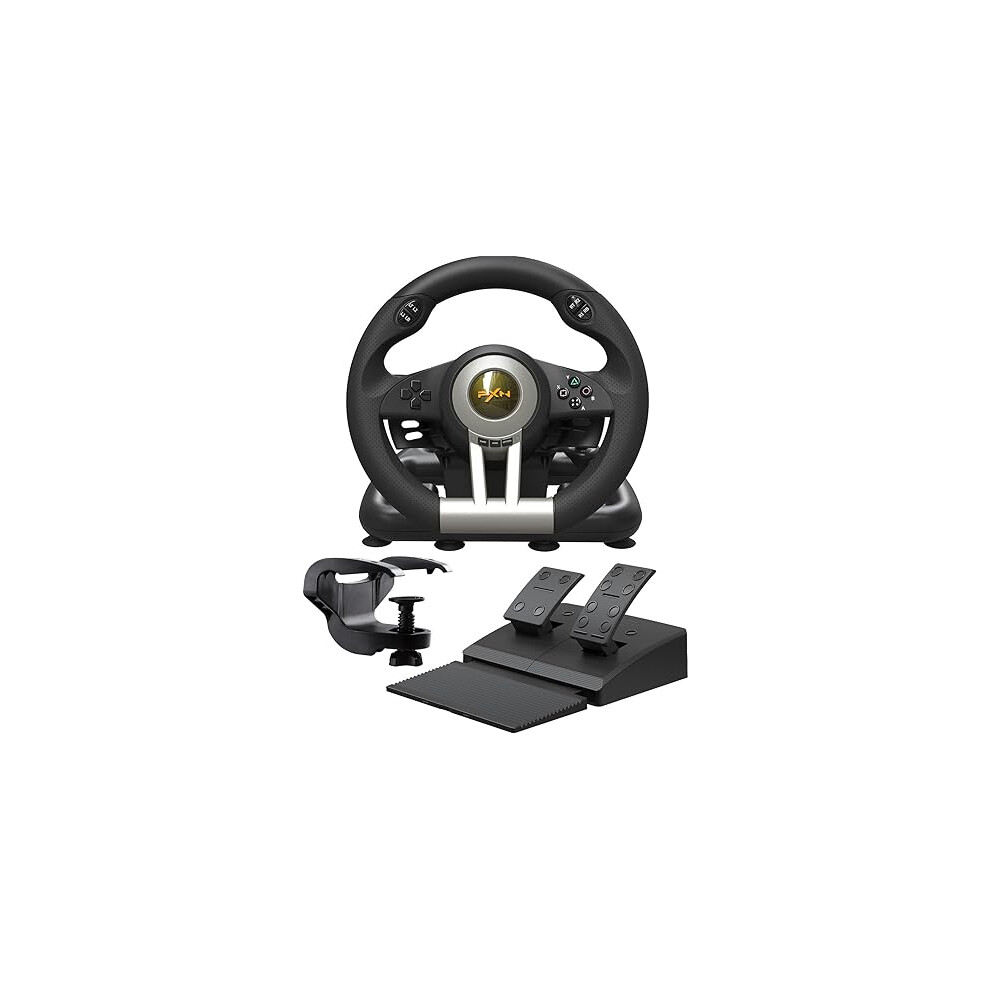 Pxn V3 Pro Gaming Steering Wheel With Pedals - 180-Degree Wheel, Vibration Feedback, Integrated Shifter, Paddle Shifters - Multi-Platform