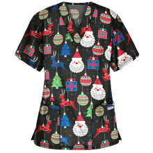 (Black, 2XL) Women\'s Nursing Scrub Tops Printed Uniform Merry Christmas Flowers Shirt Short Sleeve T-shirt