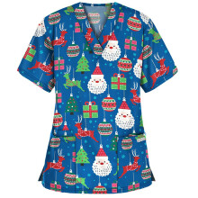 (Blue, 2XL) Women\'s Nursing Scrub Tops Printed Uniform Merry Christmas Flowers Shirt Short Sleeve T-shirt