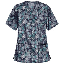 (Dark Blue, XL) Women\'s Nursing Scrub Tops Printed Uniform Merry Christmas Flowers Shirt Short Sleeve T-shirt