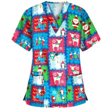 (Light Blue, L) Women\'s Nursing Scrub Tops Printed Uniform Merry Christmas Flowers Shirt Short Sleeve T-shirt