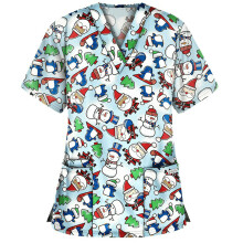 (White, M) Women\'s Nursing Scrub Tops Printed Uniform Merry Christmas Flowers Shirt Short Sleeve T-shirt