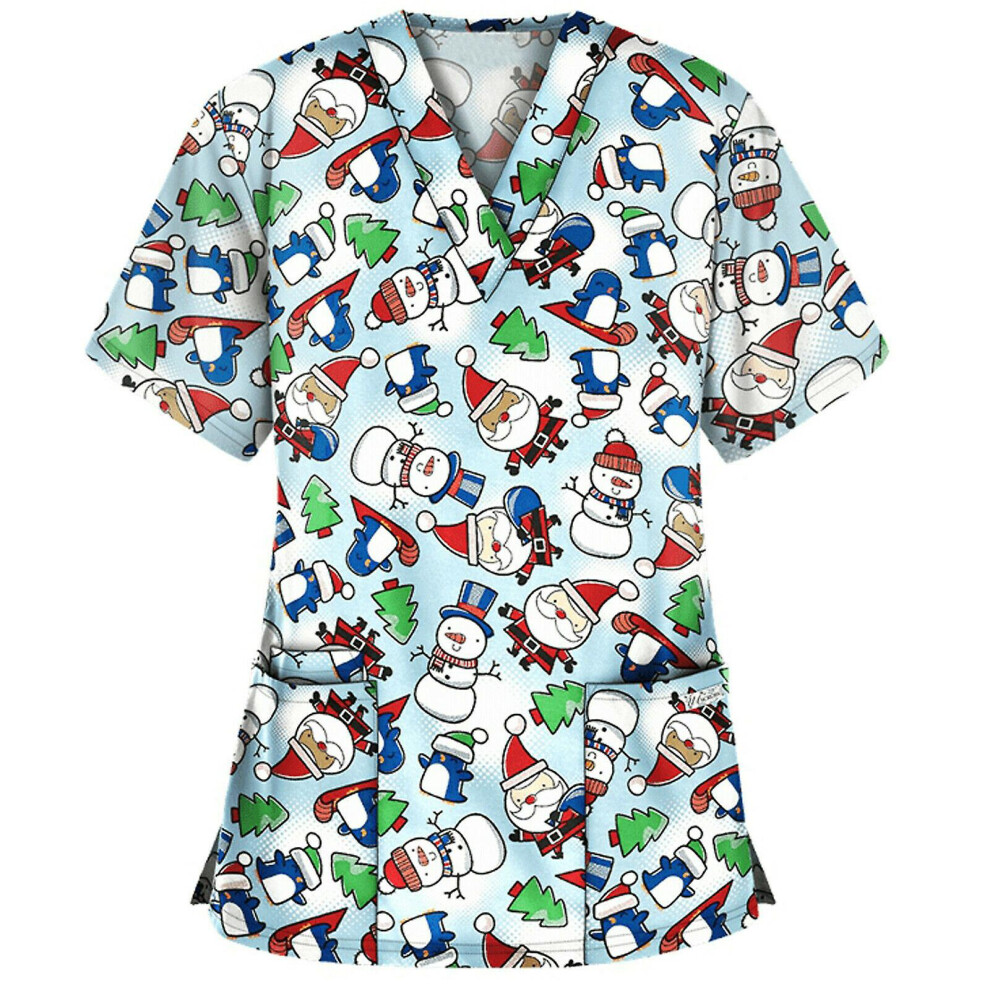 (White, L) Women\'s Nursing Scrub Tops Printed Uniform Merry Christmas Flowers Shirt Short Sleeve T-shirt