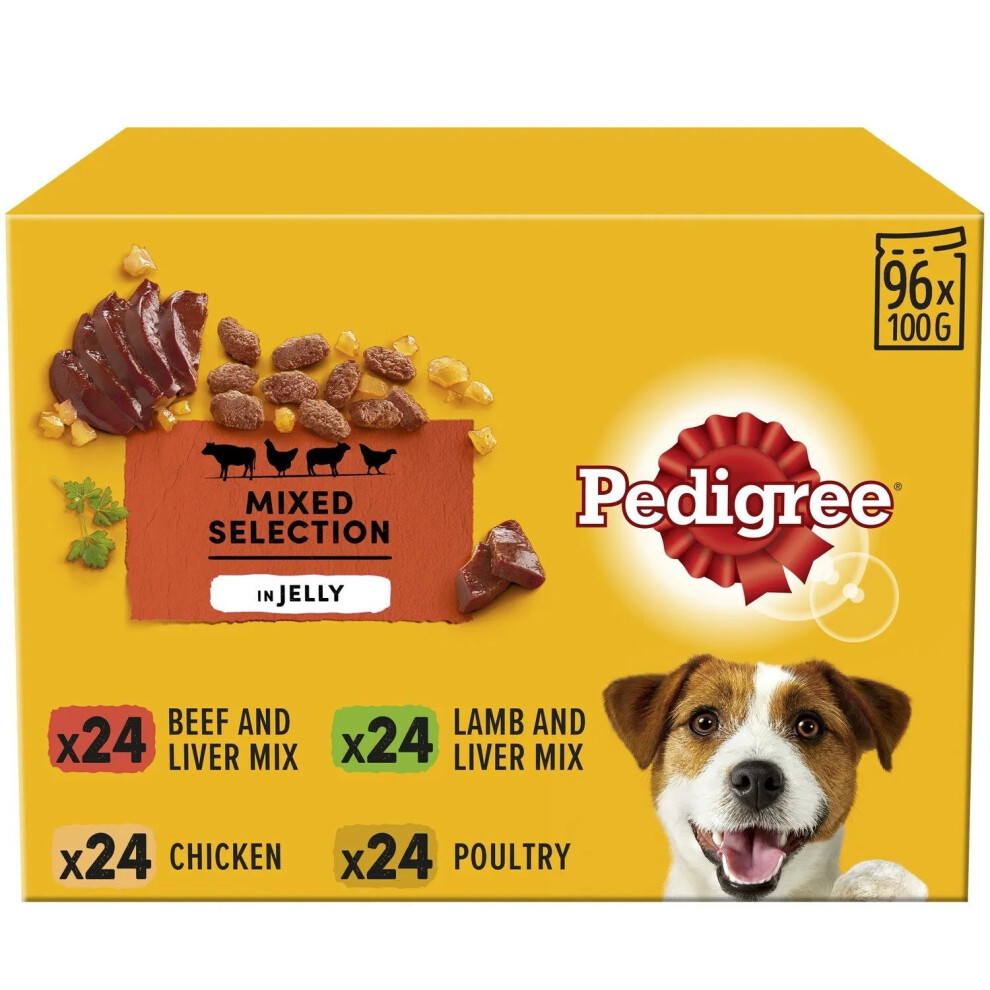 96 X Pedigree Adult Wet Dog Food Pouches Mixed Selection In Jelly 100G