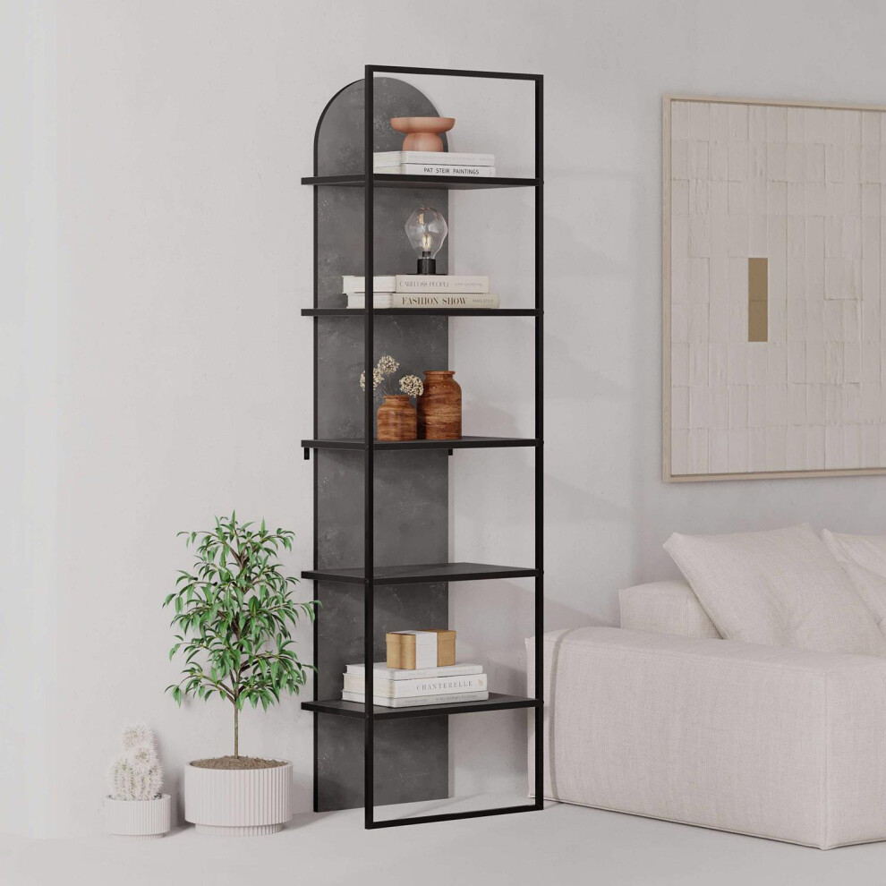 FWStyle Retro Grey Modern Black Metal Frame Bookcase Shelving Unit 5 Tier