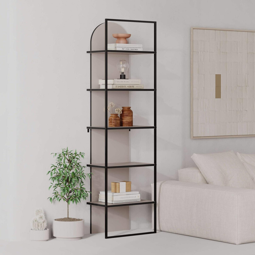 FWStyle Mocha Grey Modern Black Metal Frame Bookcase Shelving Unit 5 Tier