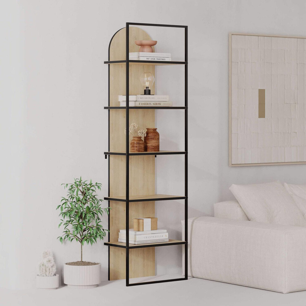 FWStyle Natural Oak Modern Black Metal Frame Bookcase Shelving Unit 5 Tier