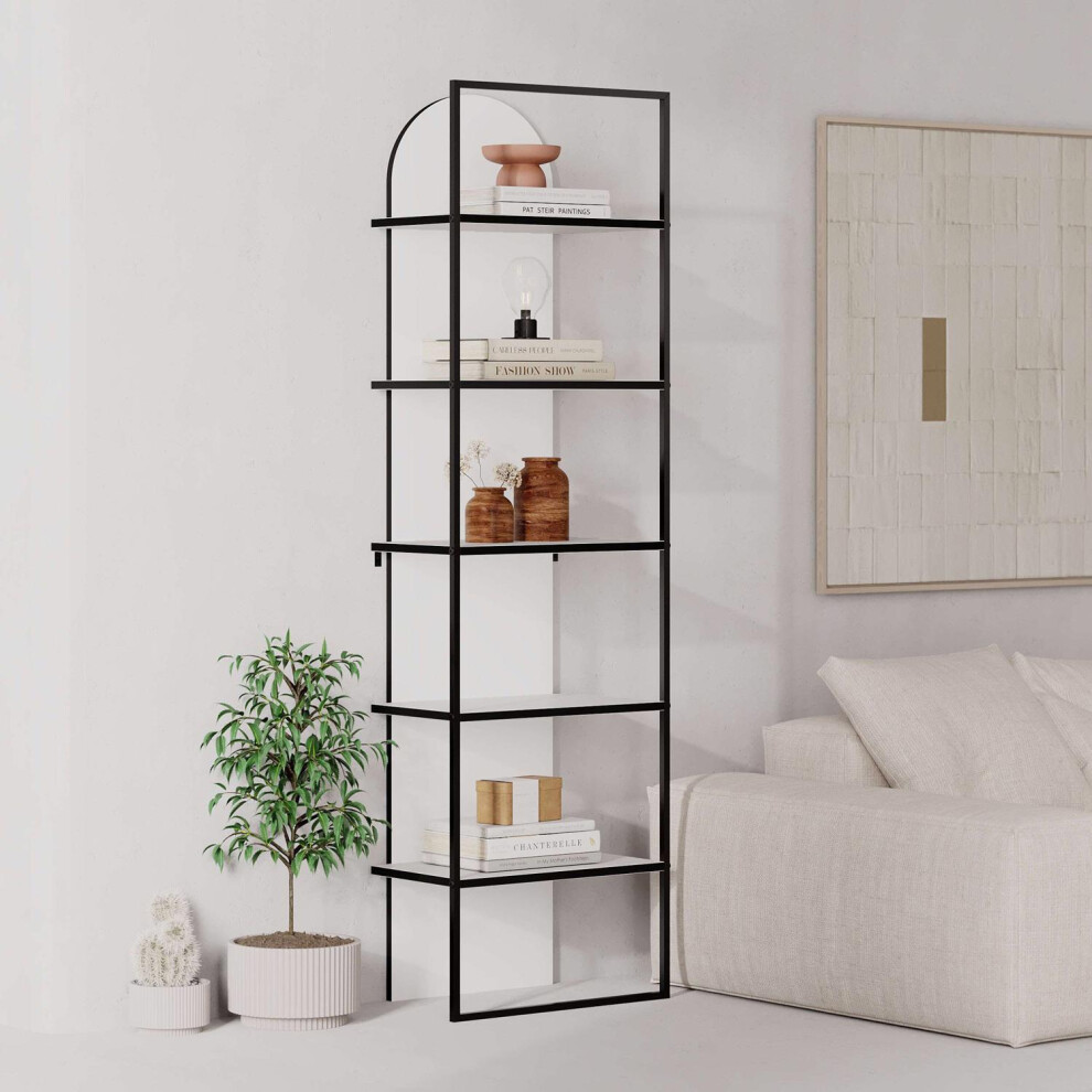 FWStyle Painted White Bookcase Modern Black Metal Frame Shelving Unit 5 Tier