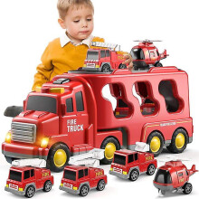 (Red) Children Diecast Carrier Truck Toy Fire Engine Car Engineering Excavator Vehicles Aircraft Plastic Truck Model Sets Boy Kid Gift