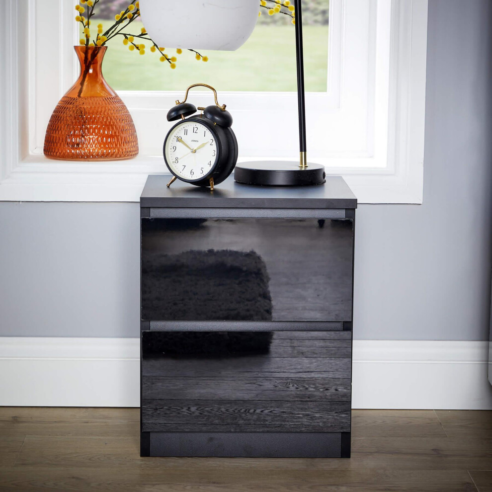 (Black) Modern 2 Drawer Bedside Cabinet Nightstand