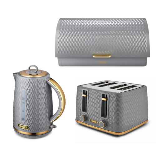 Tower TOWER Empire Grey Jug Kettle 4 Slice Toaster & Bread Bin Set