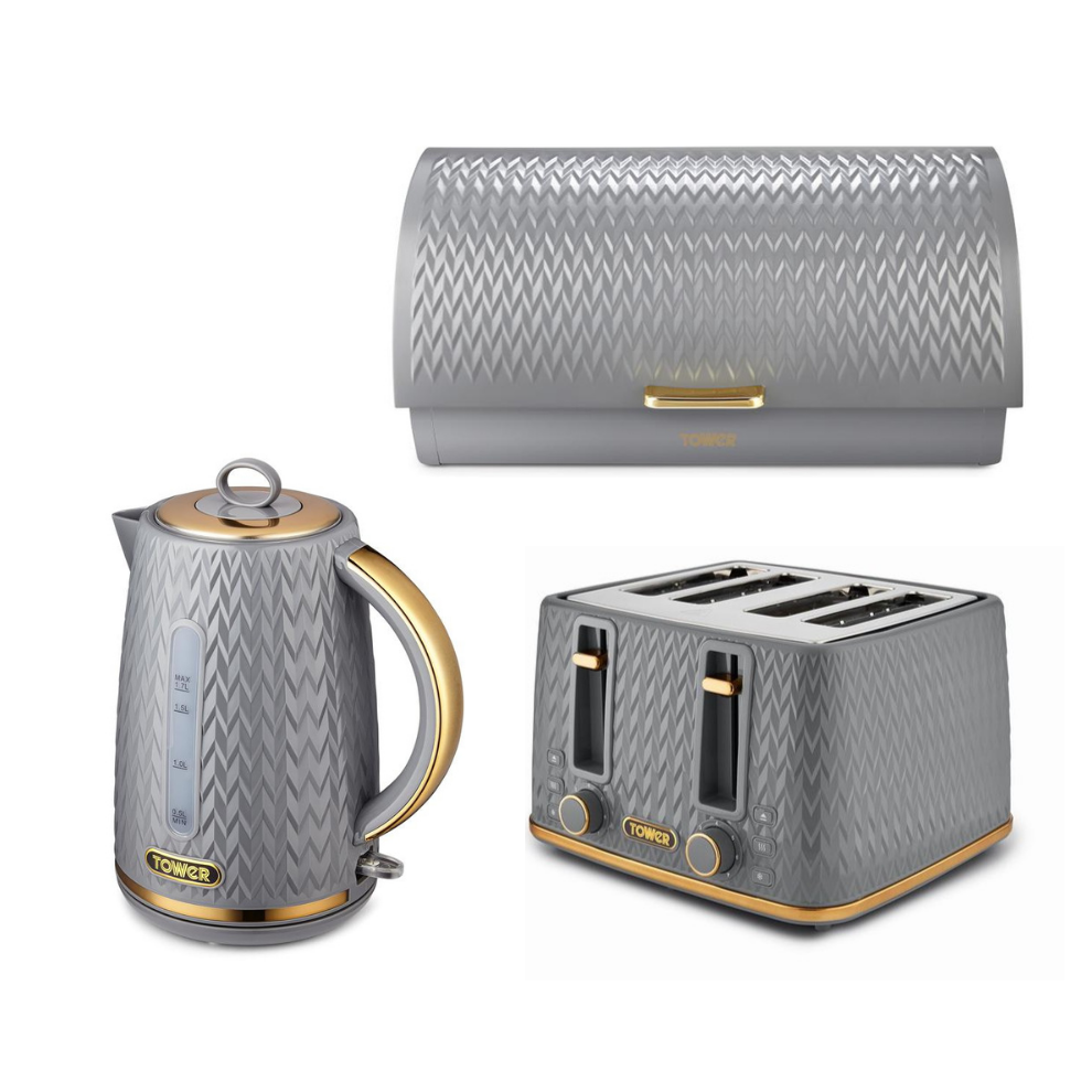 Tower Empire Jug Kettle 4 Slice Toaster & Bread Bin Set Grey