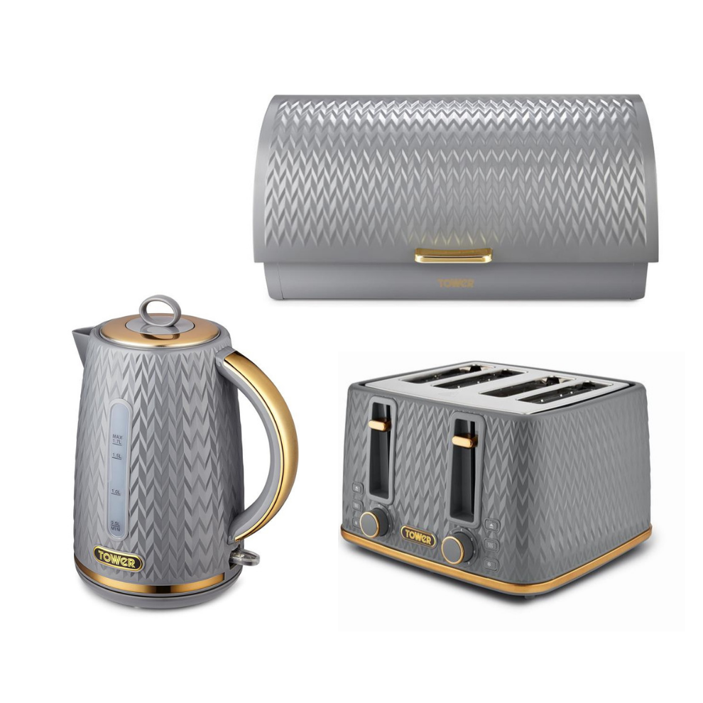 TOWER Empire Grey Jug Kettle 4 Slice Toaster & Bread Bin Set