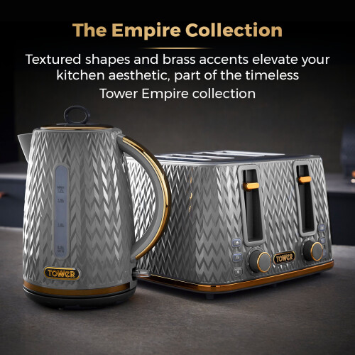Tower TOWER Empire Grey Jug Kettle 4 Slice Toaster & Bread Bin Set 1