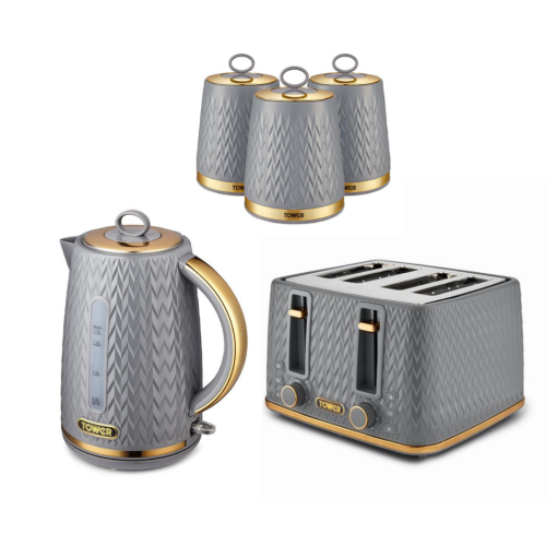 Tower Tower Empire Grey Jug Kettle 4 Slice Toaster & Canisters Set