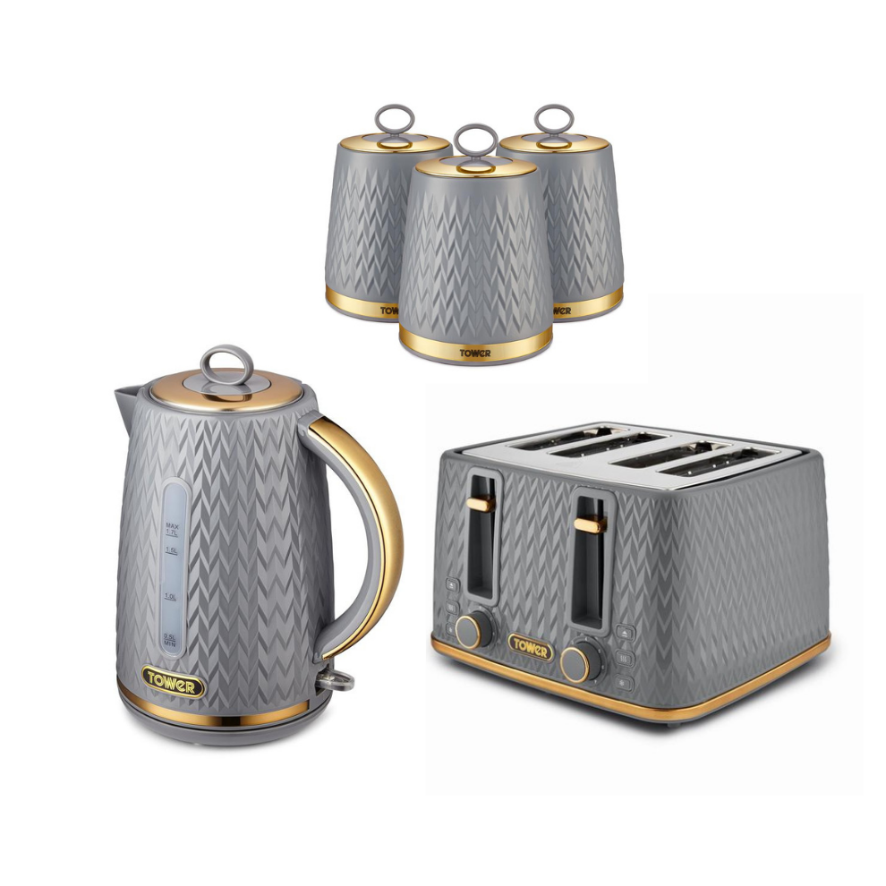 Tower Empire Grey Jug Kettle 4 Slice Toaster & Canisters Set-image-OPC-PFMCZFS-NEW
