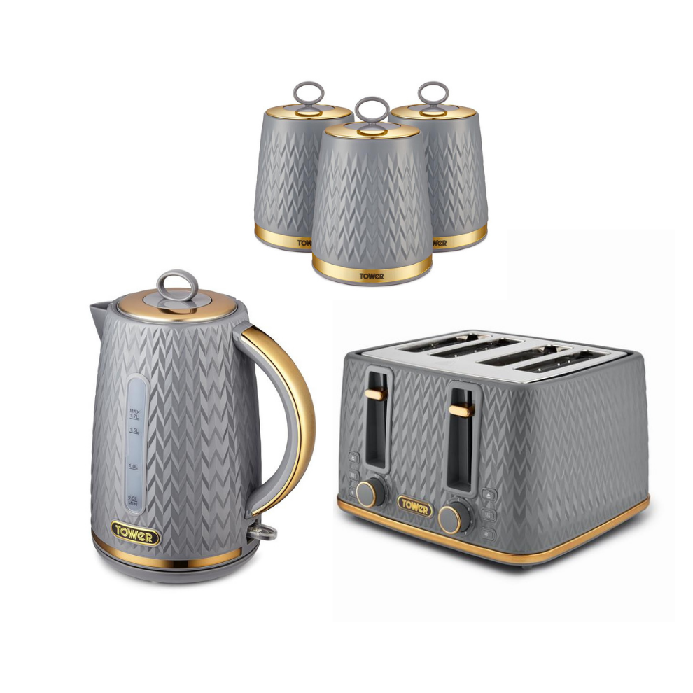 Tower Empire Grey Jug Kettle 4 Slice Toaster & Canisters Set