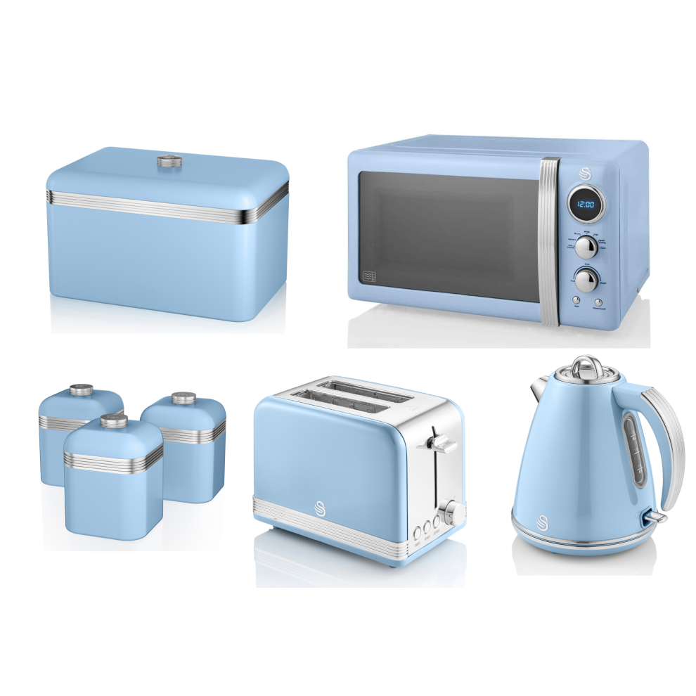 SWAN Retro Blue Jug Kettle Toaster Microwave Bread Bin & Canisters