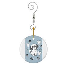 (LOVE Black And White Shih Tzu-9921) Christmas Ornaments Ceramic Charm with Hook Crystal Handmade Xmas Tree Decorations Keepsake Stocking Stuffer