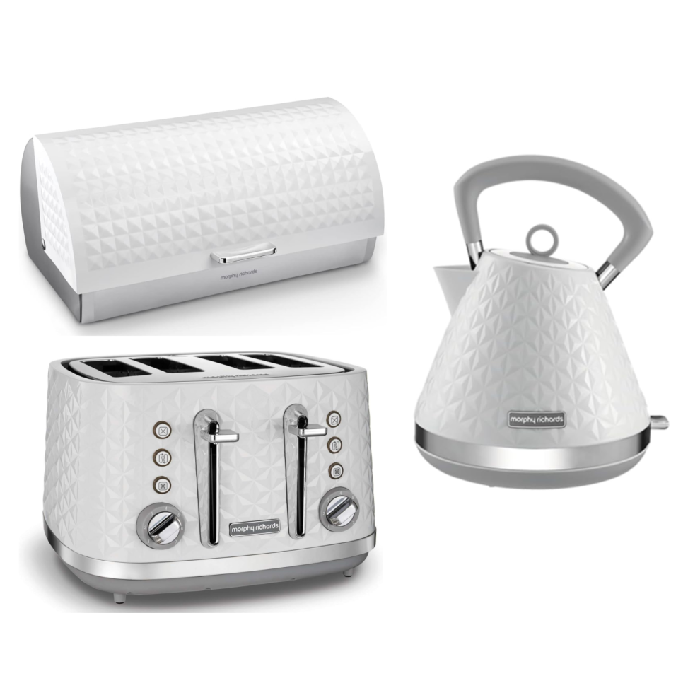 Morphy Richards Vector White Kettle Toaster & Dimensions Bread Bin Set