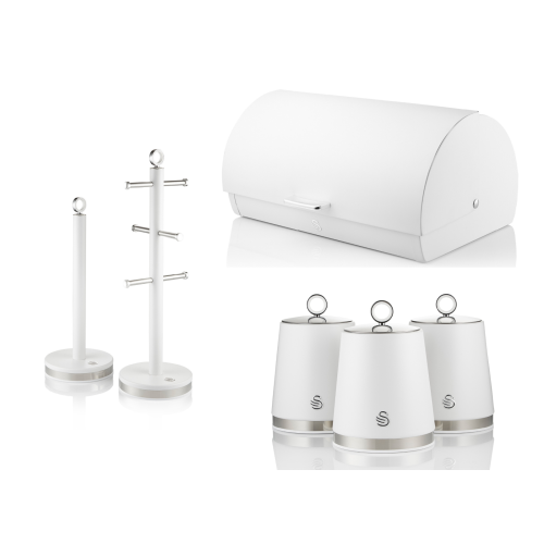 Swan Swan Serenity White Bread Bin Canisters Mug Tree Towel Pole Set