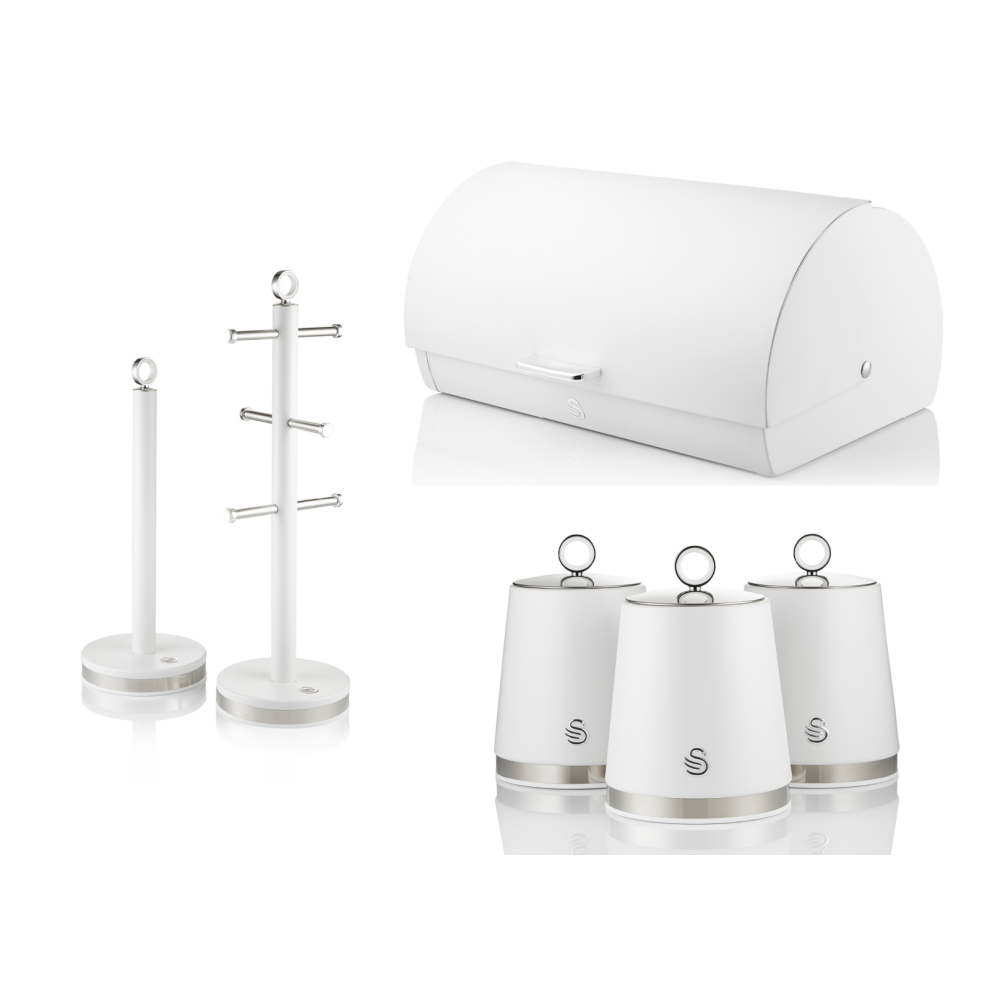 Swan Serenity Bread Bin Canisters Mug Tree Towel Pole Set White