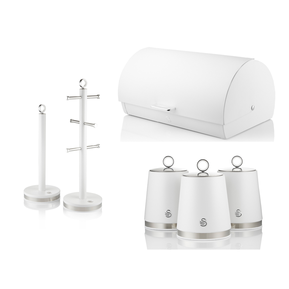 Swan Serenity White Bread Bin Canisters Mug Tree Towel Pole Set