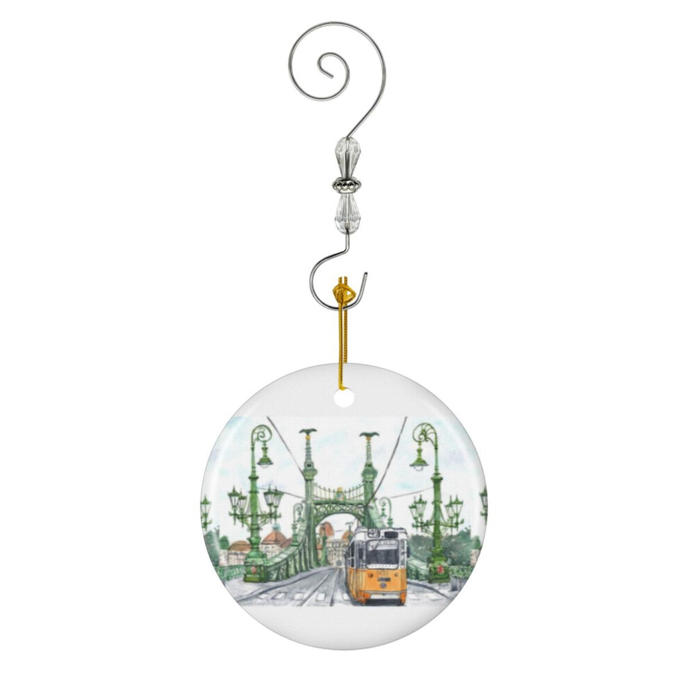 (Budapest Hungary Liberty Bridge Watercolor Painting-7477) Christmas Ornaments Ceramic Charm with Hook Crystal Handmade Xmas Tree Decorations Keepsake Stocking Stuffer