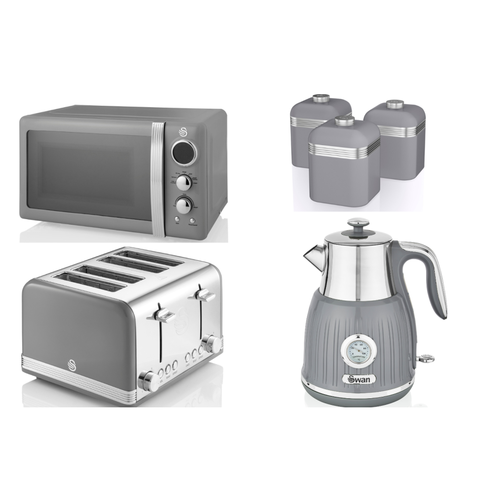 Swan Retro Grey Dial Kettle 4 Slice Toaster Microwave & Canisters Set