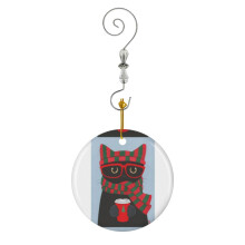 (Winter Black Cat With Coffee-8051) Christmas Ornaments Ceramic Charm with Hook Crystal Handmade Xmas Tree Decorations Keepsake Stocking Stuffer