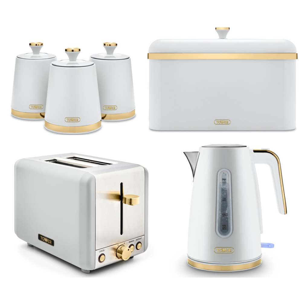 Tower Cavaletto White Jug Kettle 2 Slice Toaster Bread Bin & Canisters