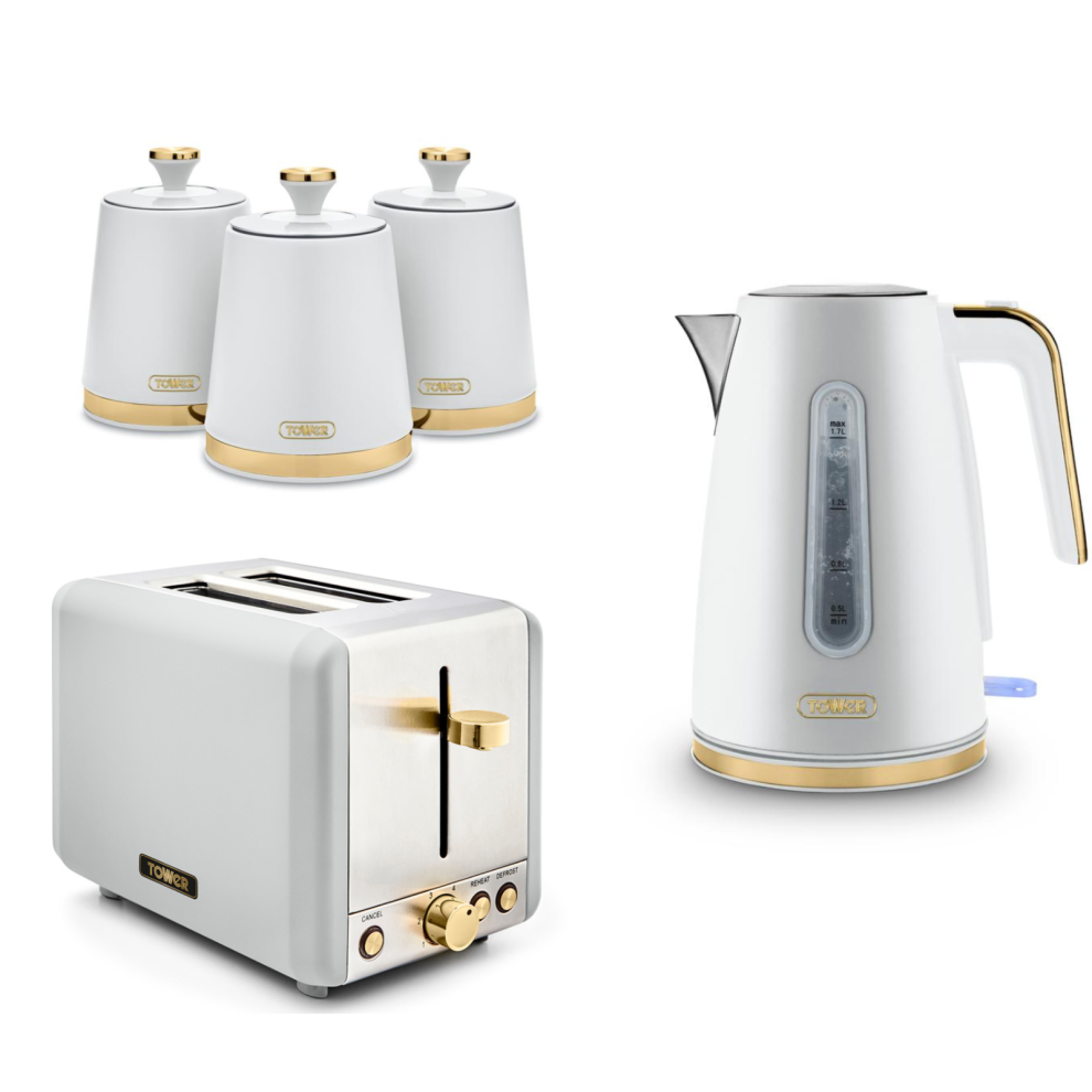 Tower Cavaletto White Jug Kettle, 2 Slice Toaster & Canisters Set