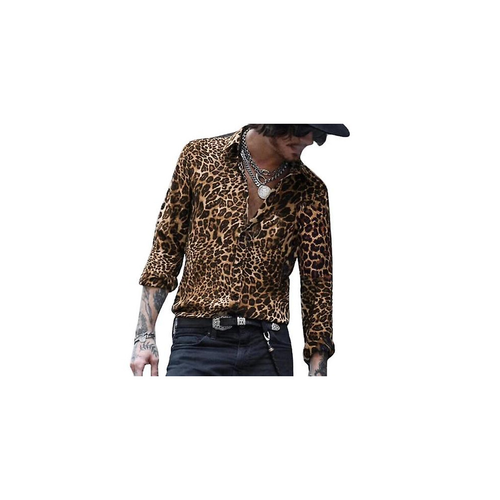 (M) Men Leopard Print Shirts Long Sleeve Animal Print Casual Shirt