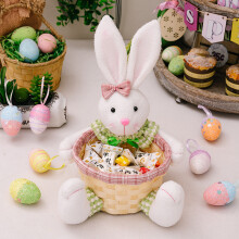 (Easter Bunny Basket Female) Easter Adorable Bunny Plush Toy Basket Colorful Egg Storage For Holiday Decorations